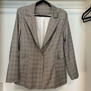 Womens Plaid Collared Long Sleeve One Button Career Blazer Jacket Gray Medium